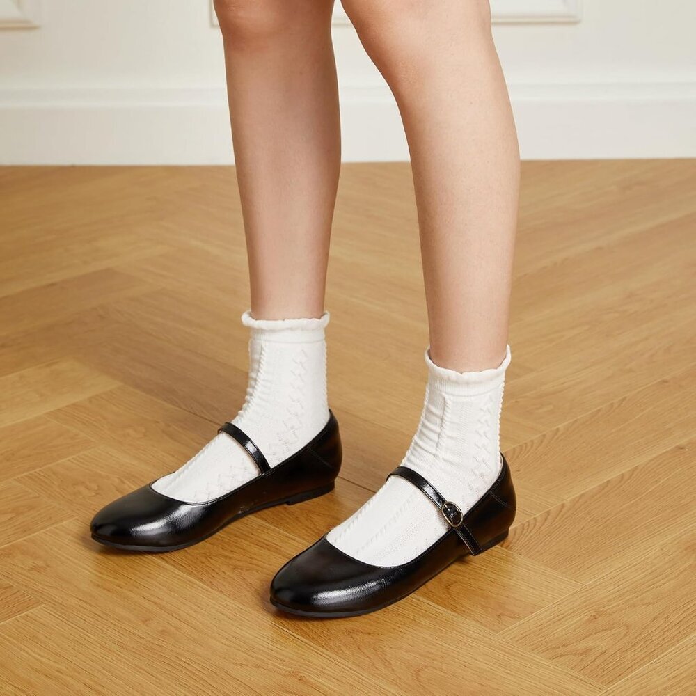 Trary Women New BlackLeather Round Toe Mary Jane Ankle Strap Ballet Flats Shoes - Picture 2 of 7